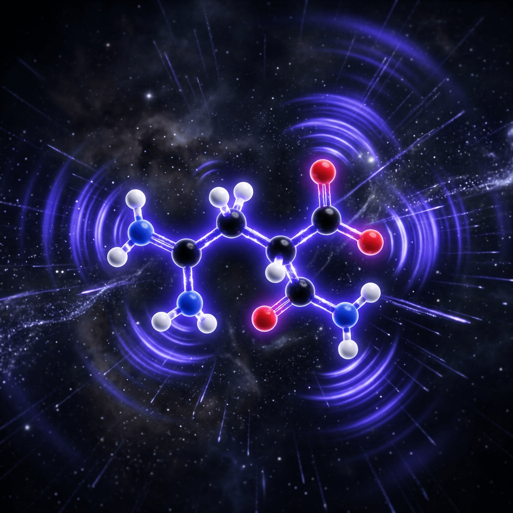 Molecular structure with atoms connected by bonds and vibrant wave patterns around