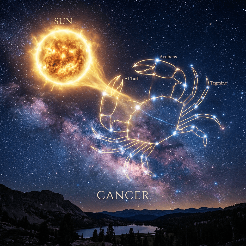 Cancer zodiac constellation shaped like a crab with star names Al Tarf, Acubens, Tegmine and a glowing sun near its claw