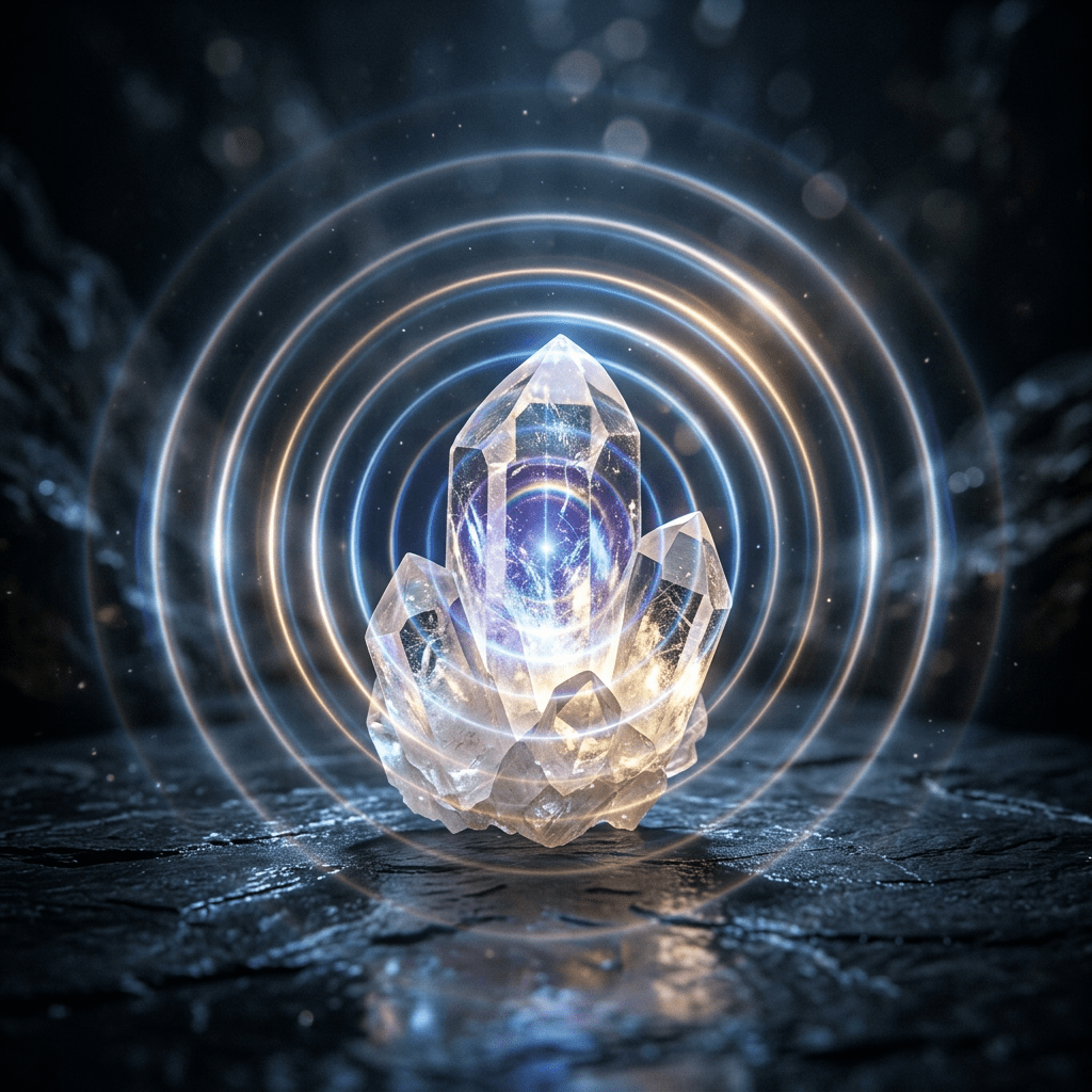 Glowing cluster of crystals radiating light waves on dark surface