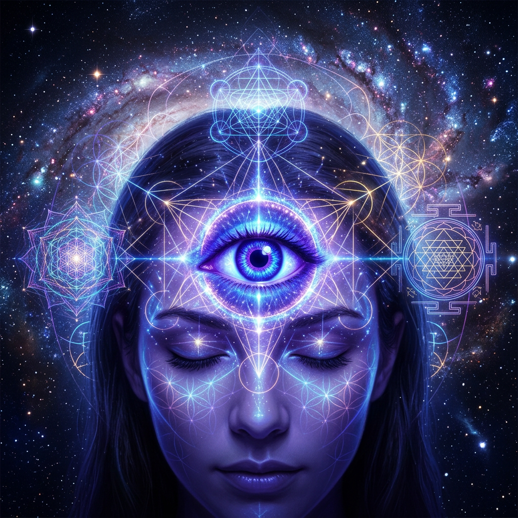 Woman with closed eyes and illuminated third eye surrounded by cosmic geometric symbols