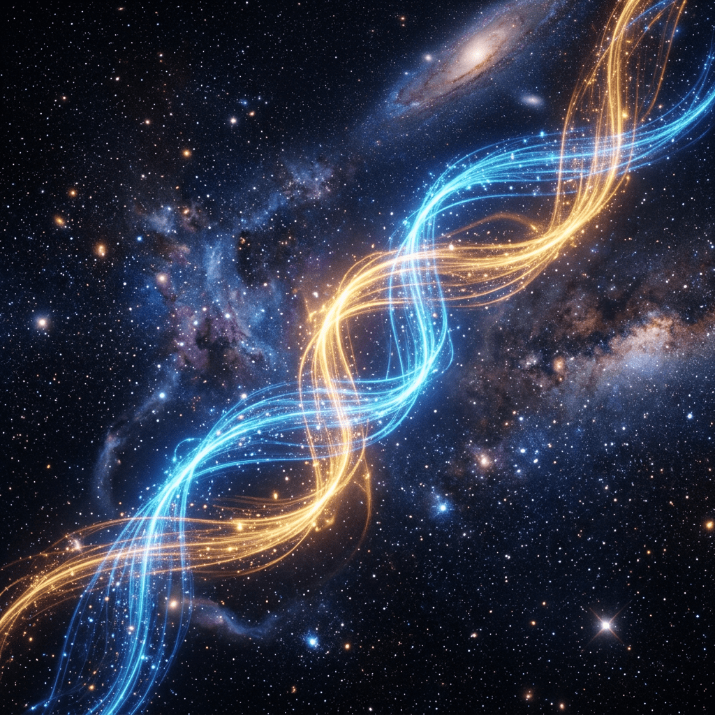 Blue and orange glowing energy strands twisting through a starry galaxy