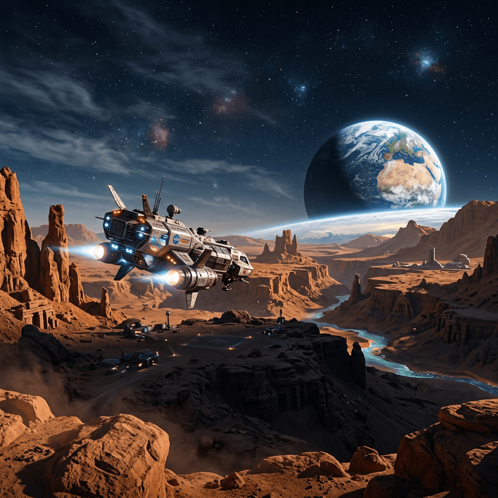 Spaceship flying over rocky alien canyon landscape with Earth visible in space