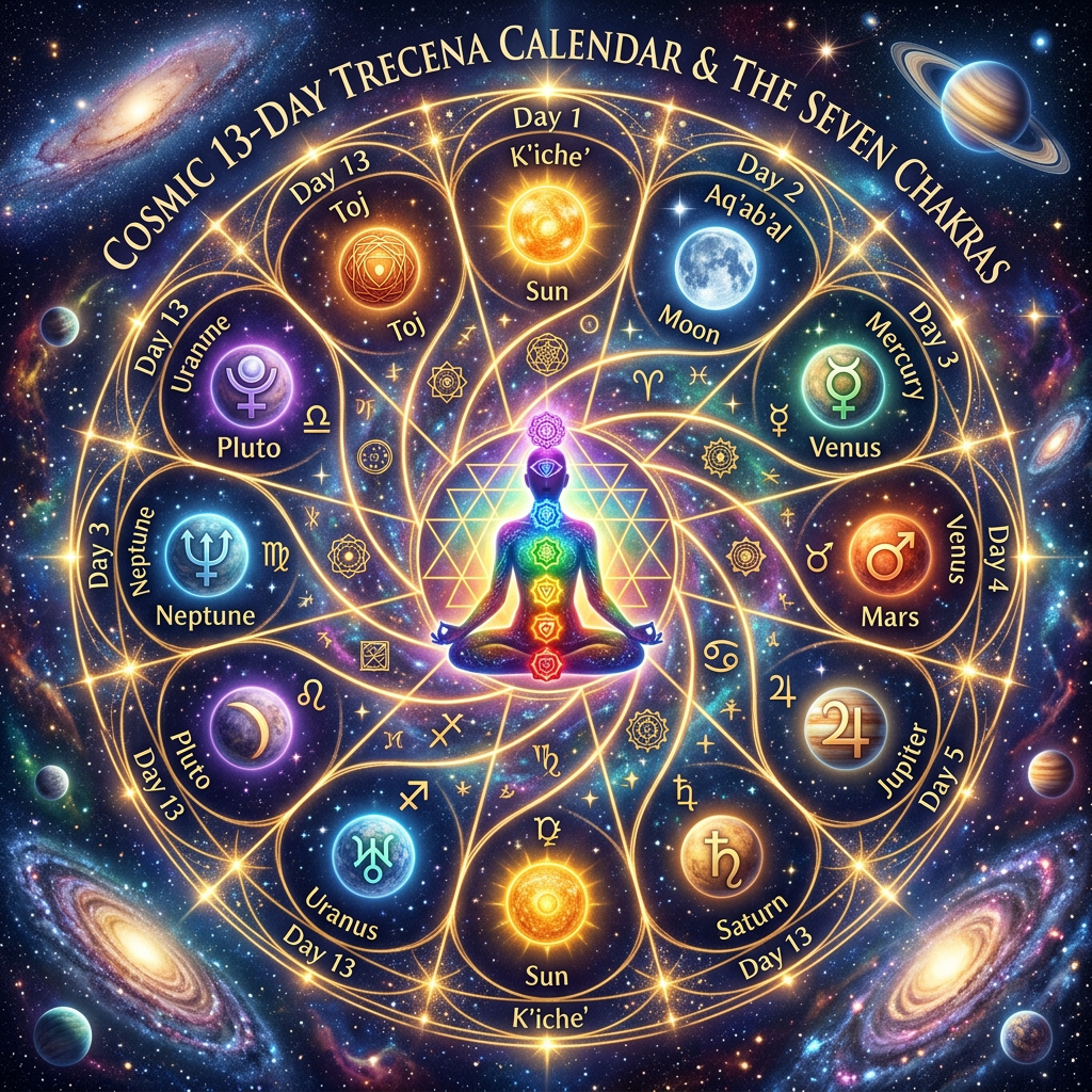 Cosmic 13-day Trecena calendar with planetary symbols and seven chakras around a meditating figure.