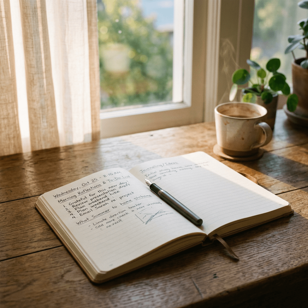 Open journal with handwritten notes and pen on wooden table, steaming coffee cup nearby