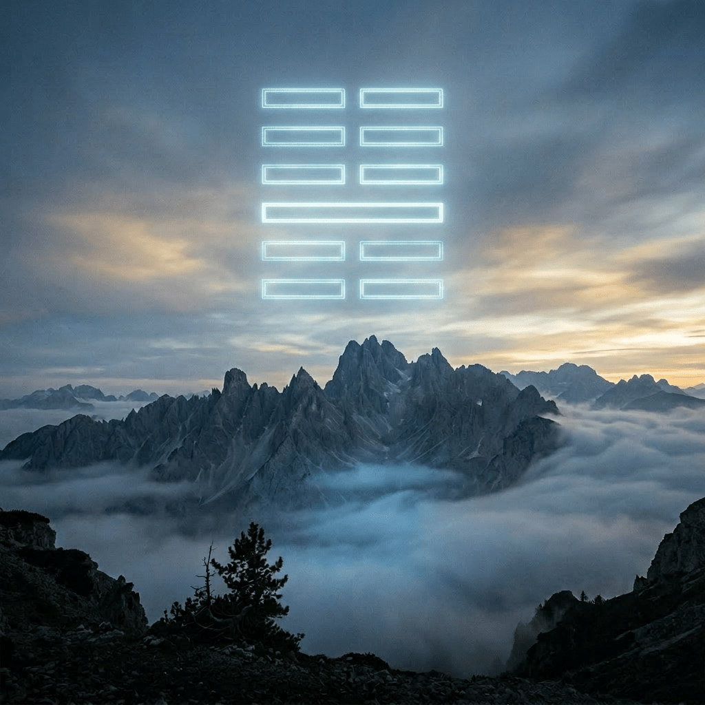 Mountain peaks of the Dolomites above clouds at sunset with a neon star and number 15