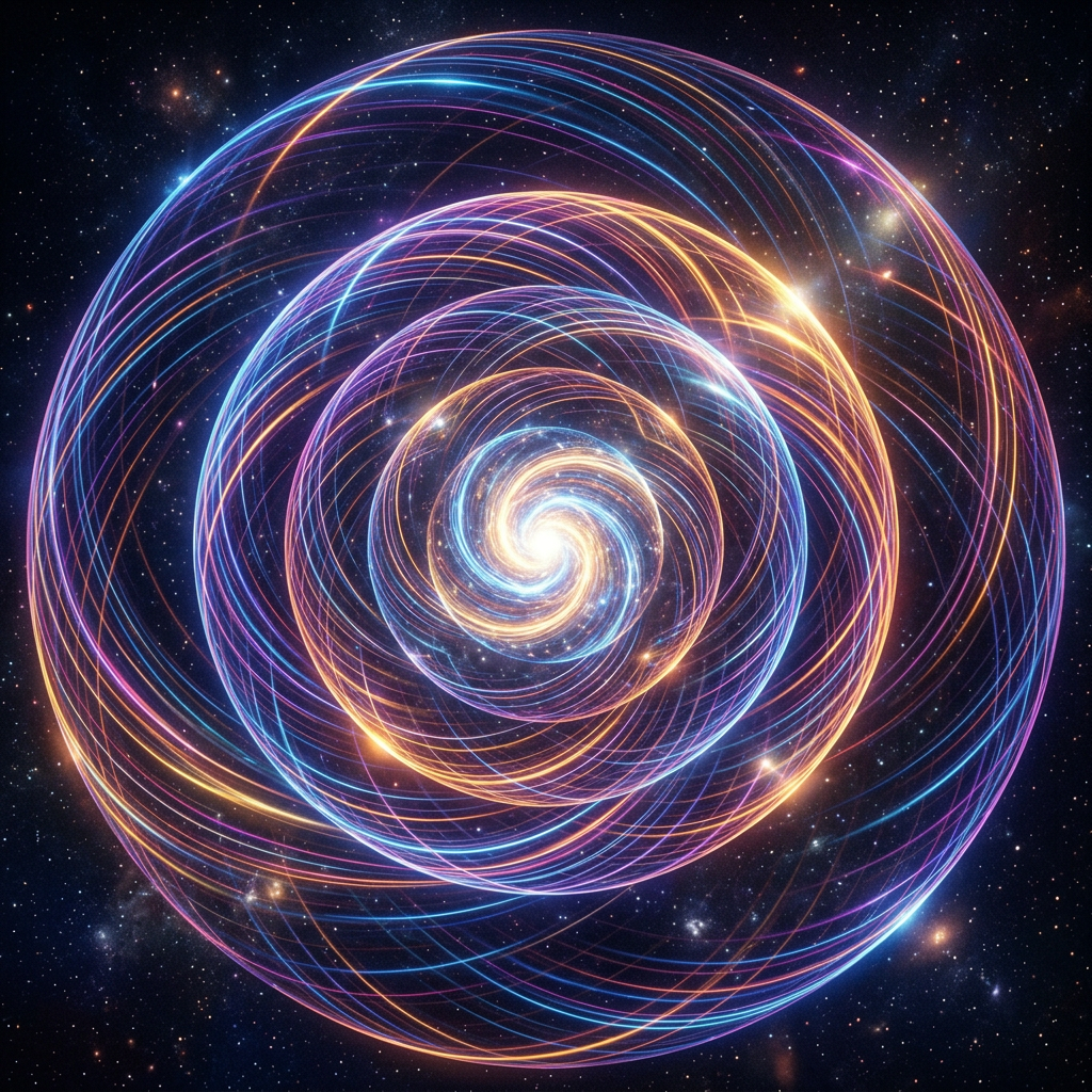 Spiraling orange and blue light trails forming concentric circles over a star-filled space background