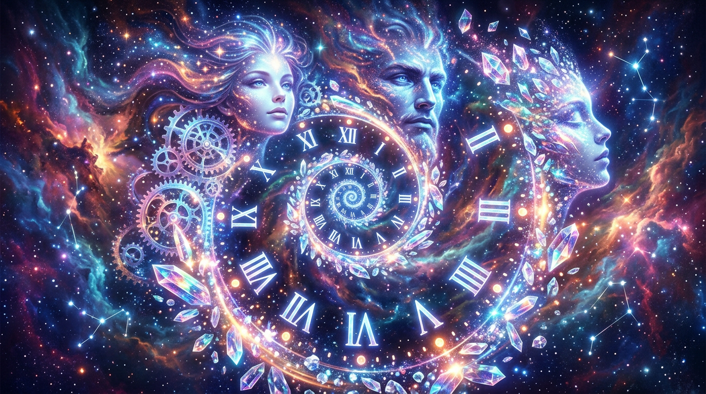 A spiral of glowing Roman numerals entwined with three human faces, mechanical gears, and cosmic elements in space