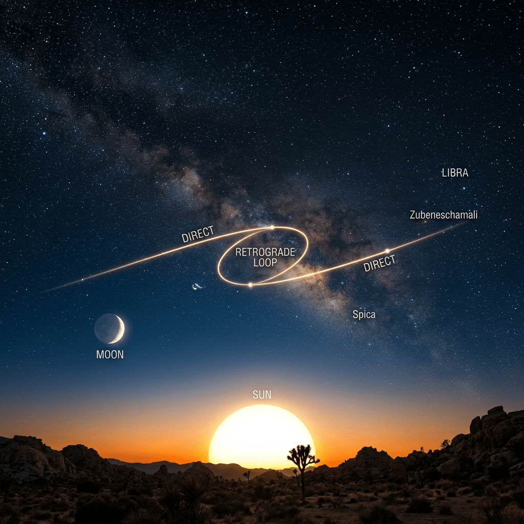 Retrograde loop in planetary motion shown with labeled stars and celestial bodies including Sun, Moon, Libra, Zubeneschamali, and Spica