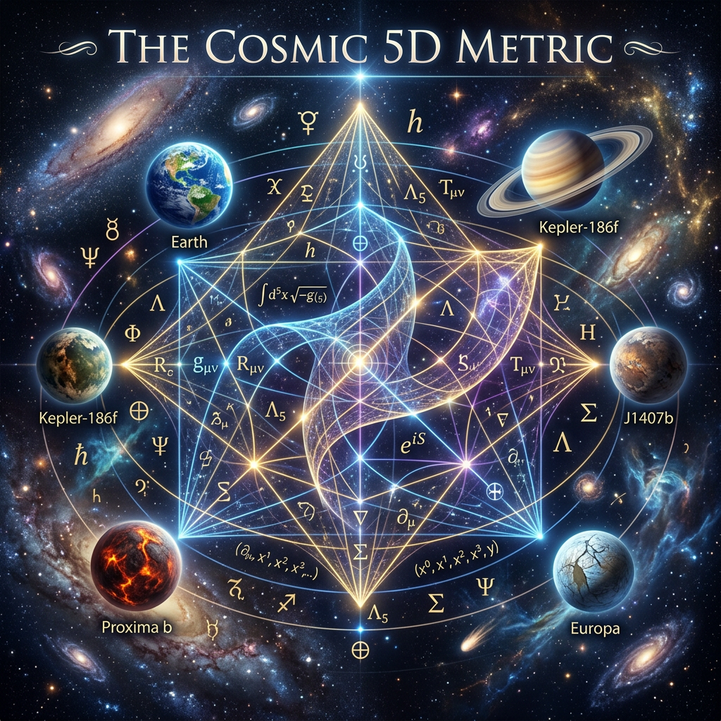 Cosmic 5D metric with planets and symbols