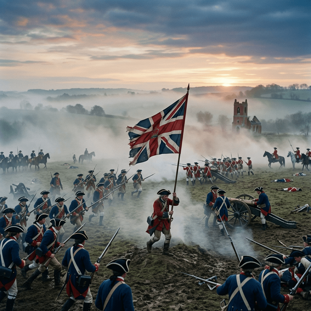 18th-century soldiers in red and blue uniforms with muskets and a British flag in a misty battlefield