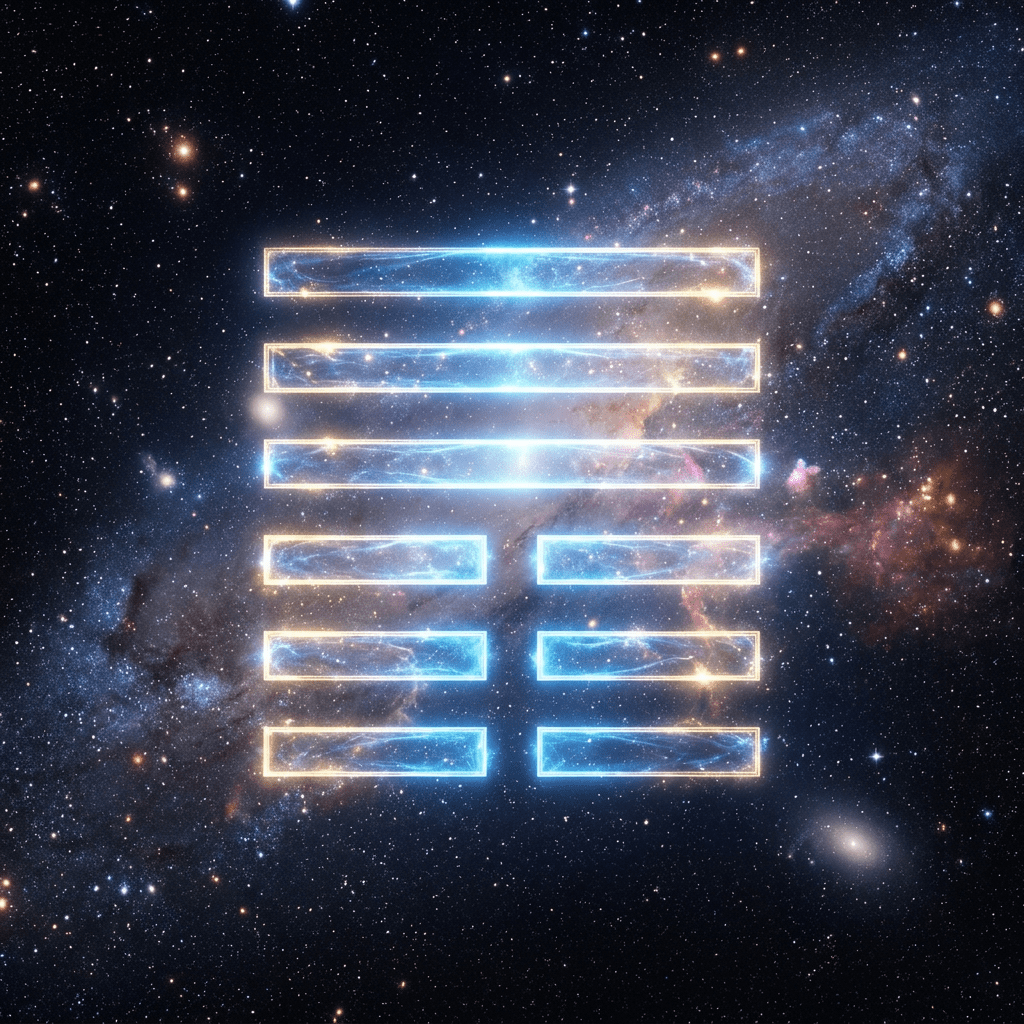 Nine-line glowing I Ching hexagram symbol over a star-filled cosmic background.