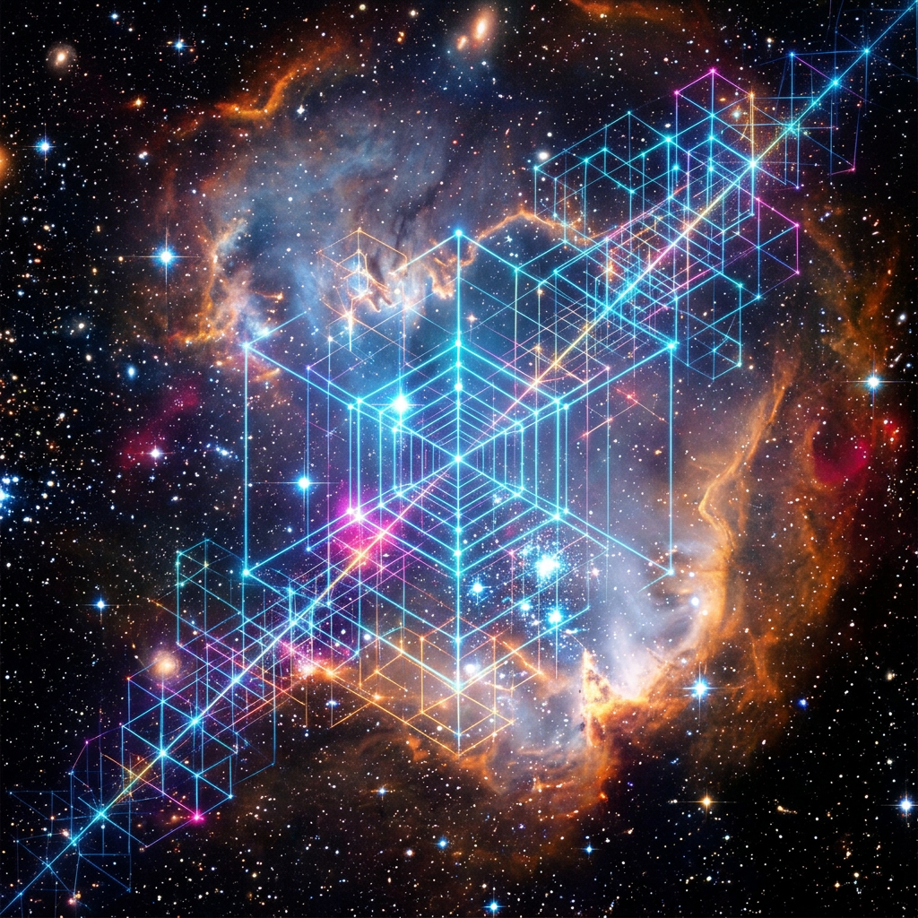 Colorful nebula in space with bright stars and neon blue and pink geometric grid overlay
