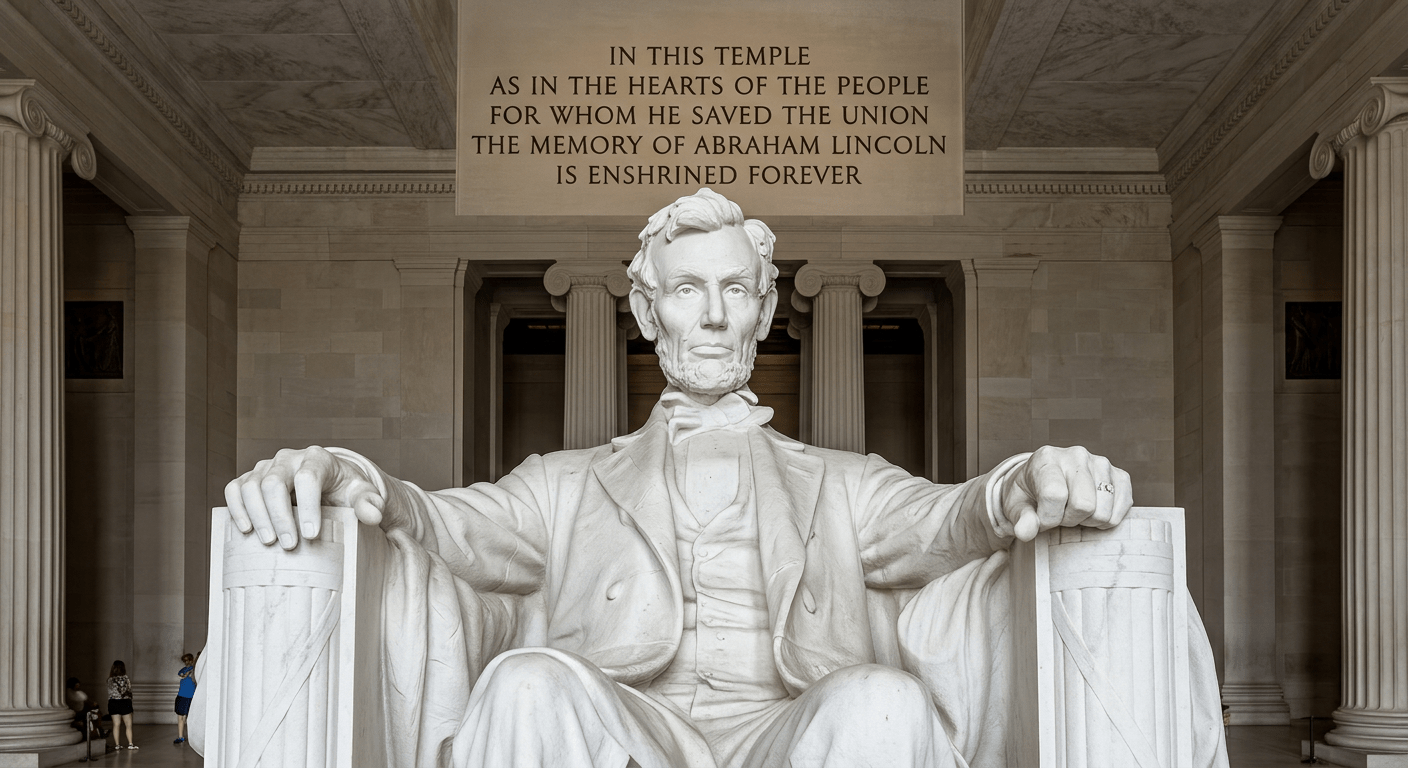 Marble statue of Abraham Lincoln seated with inscription about memory of Lincoln above