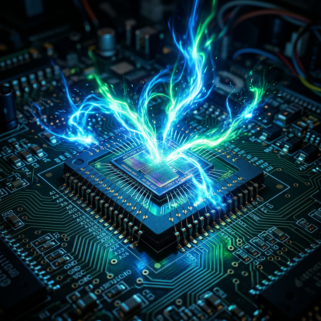 Microchip with glowing blue and green energy streams on circuit board