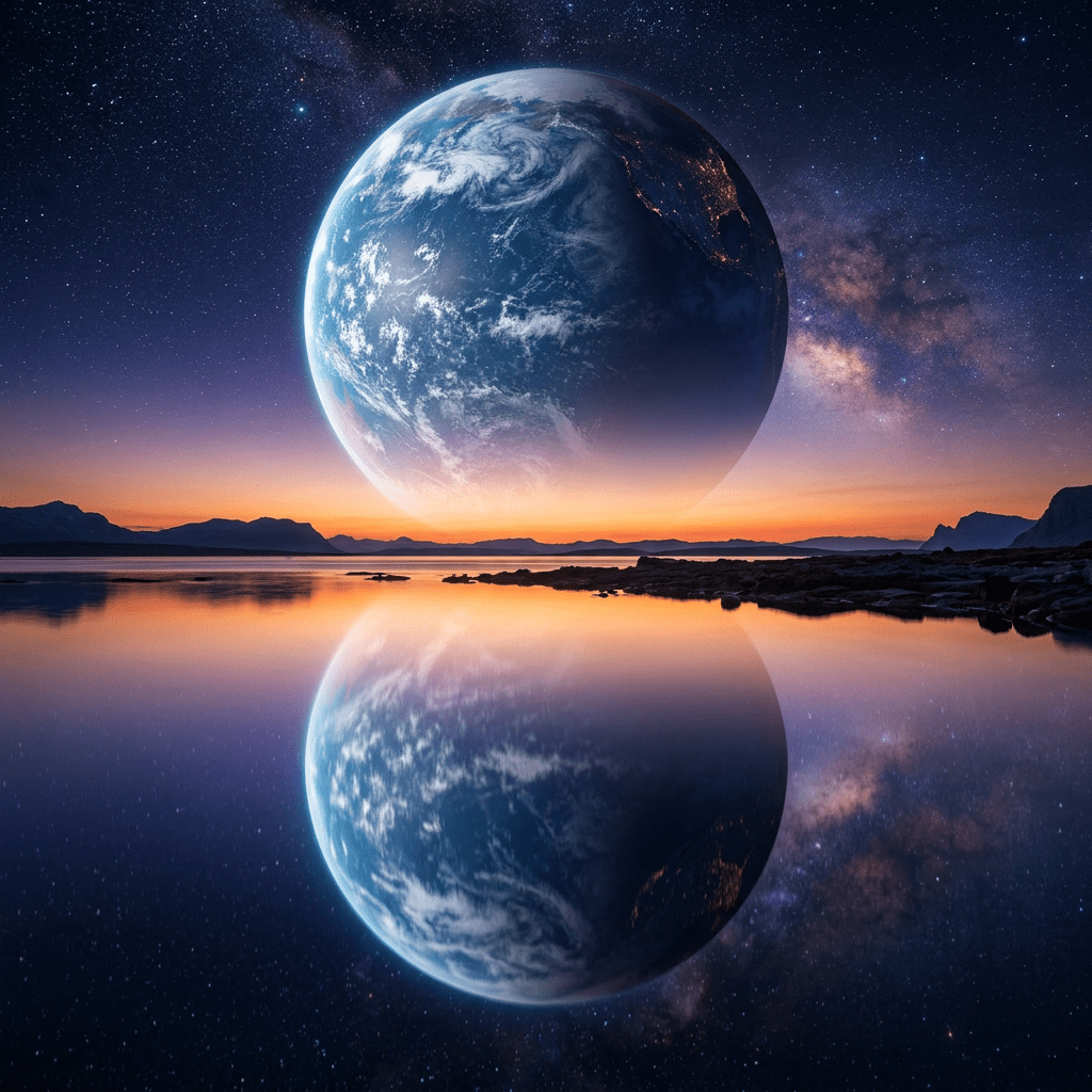 Earth rising above a lake with stars and Milky Way in the sky