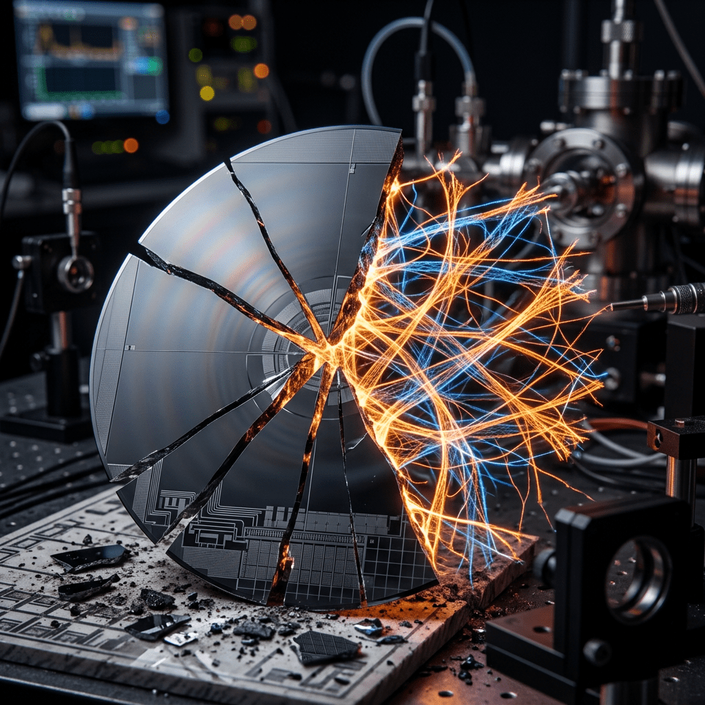 Cracked silicon wafer emitting orange and blue plasma streams in a laboratory