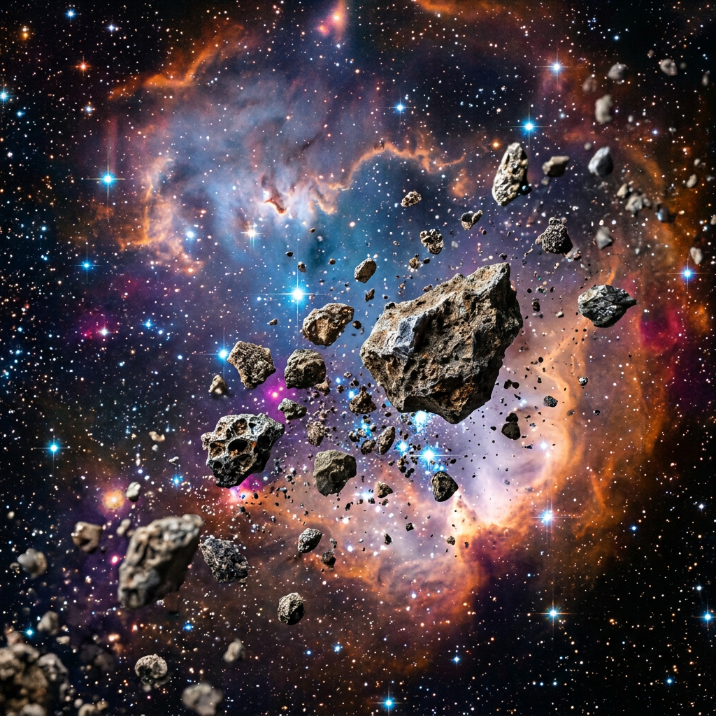 Asteroids scattered across a colorful nebula with stars in the background