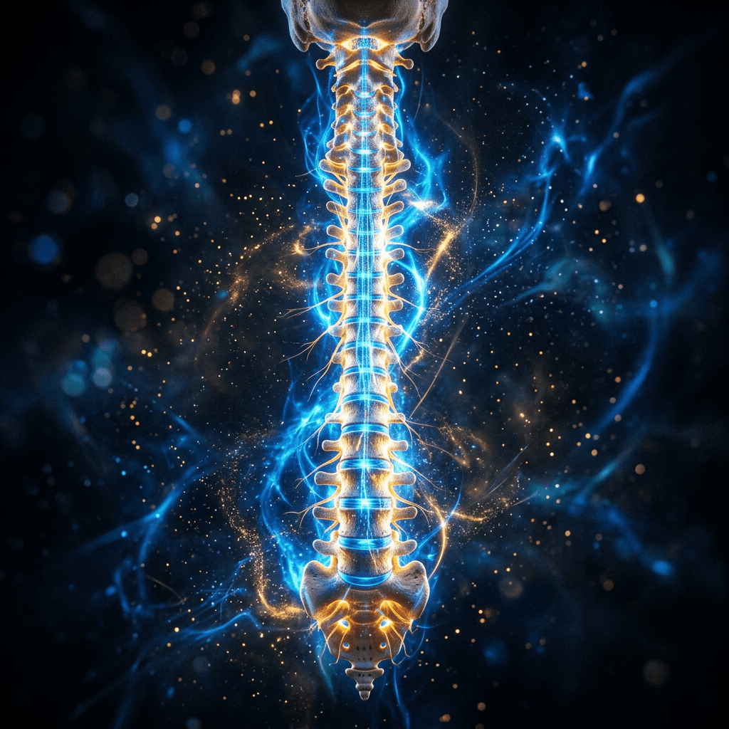 Human spine with surrounding blue and gold energy-like light patterns