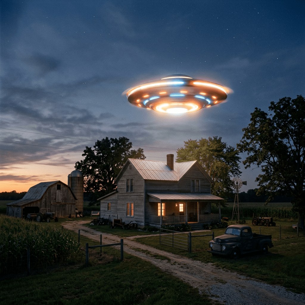 Flying saucer emitting colorful lights above farmhouse at twilight
