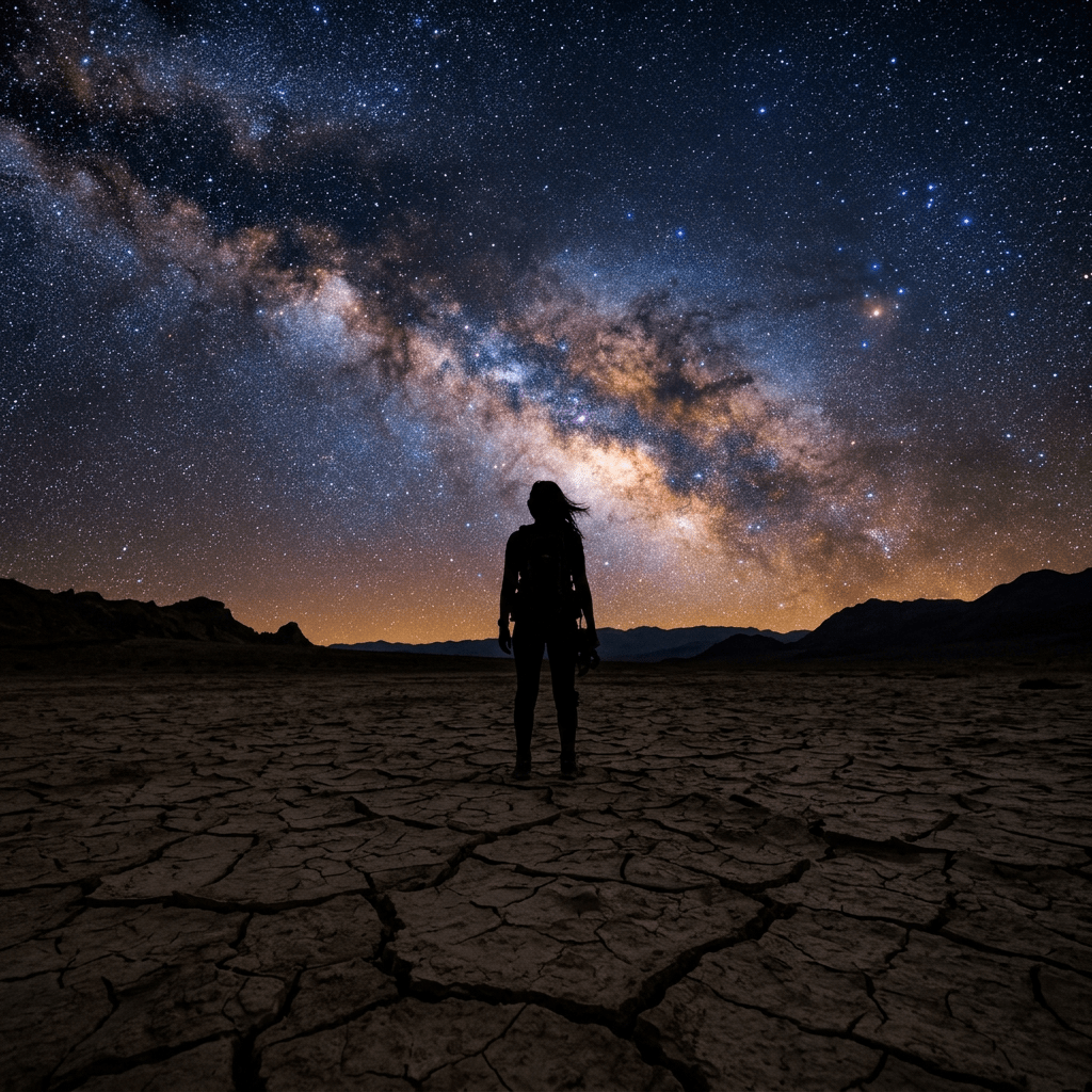 Silhouette of a person standing on cracked dry land under the star-filled Milky Way galaxy