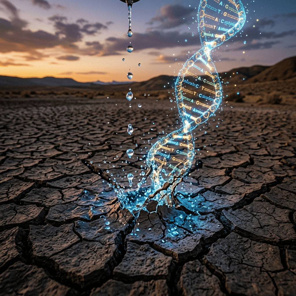 Glowing DNA helix rising from water droplets on cracked desert ground at sunset