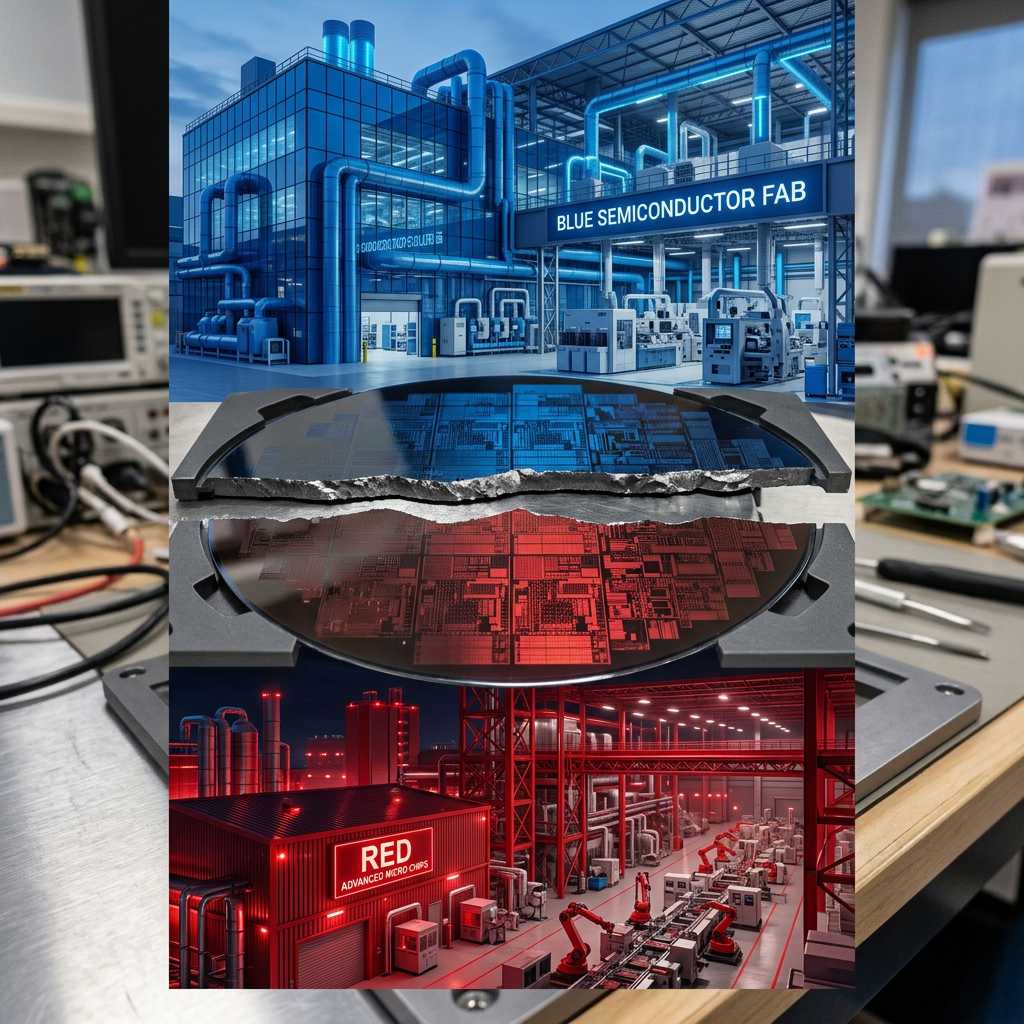 Split image showing Blue Semiconductor Fab and Red Advanced Micro Chips fabs with a broken semiconductor wafer reflecting both