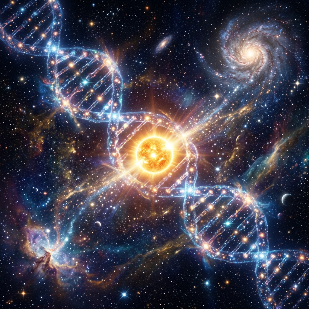 Glowing DNA double helix intertwined with stars, galaxies, and a bright sun in space