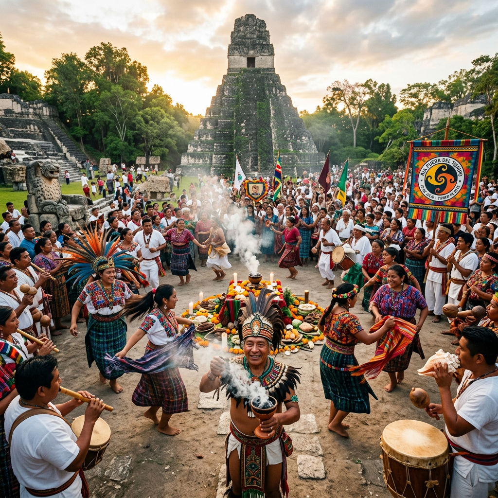 Traditional Mayan ceremony with dancing, music, and offerings in front of an ancient stepped pyramid temple