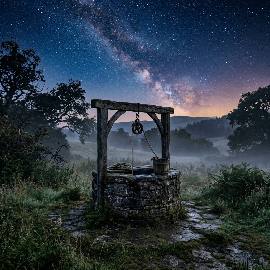 Stone water well with wooden frame and bucket under a star-filled night sky showing the Milky Way galaxy