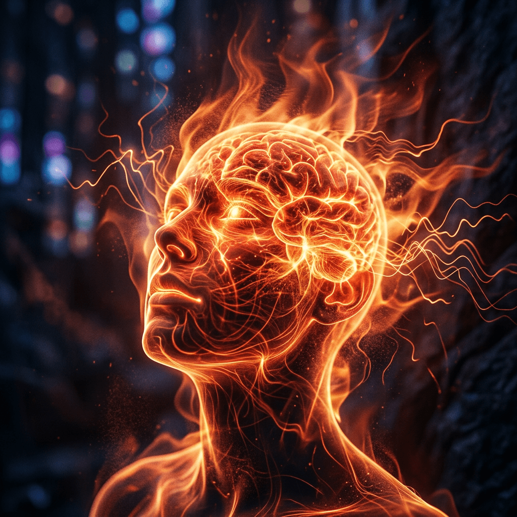Human head with illuminated brain and neural network glowing in orange light