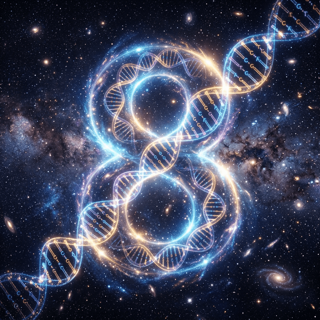 DNA double helix glowing with cosmic background of stars and galaxies