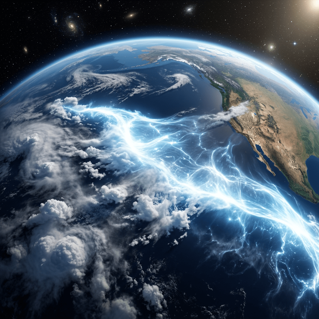 View of Earth from space showing the west coast of North America and glowing energy streams over the Pacific Ocean