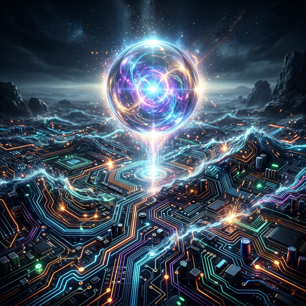 Glowing energy sphere hovering above a futuristic circuit board landscape