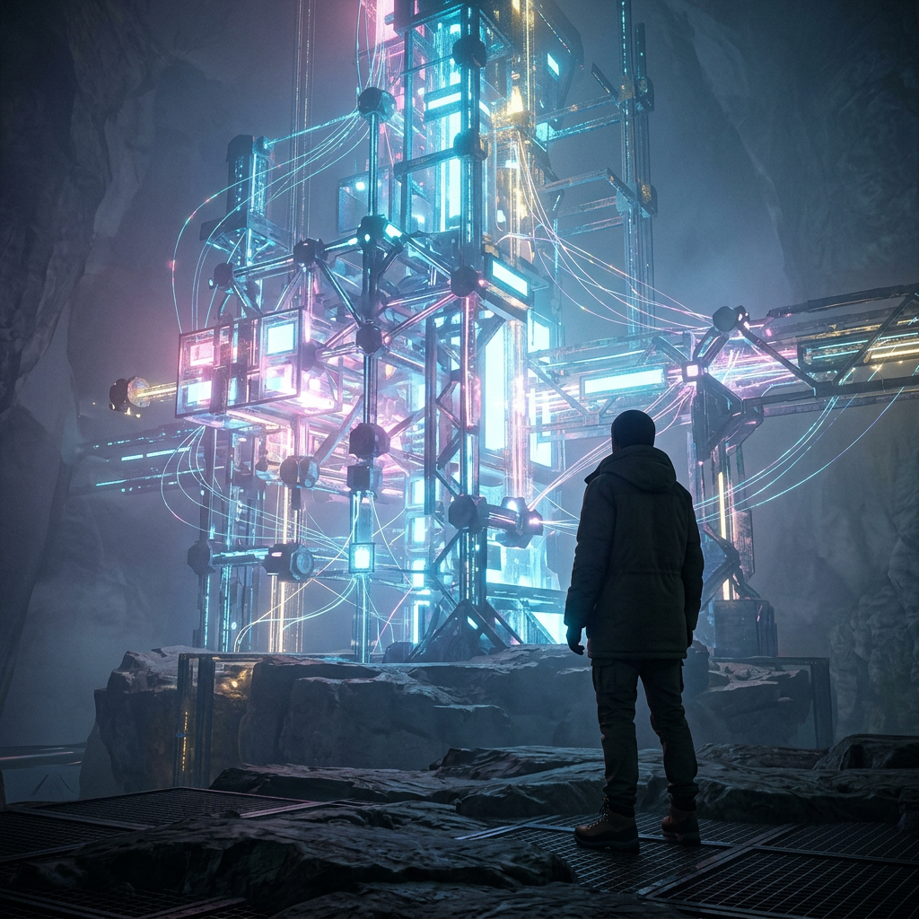 Explorer facing a glowing futuristic structure inside an underground cavern
