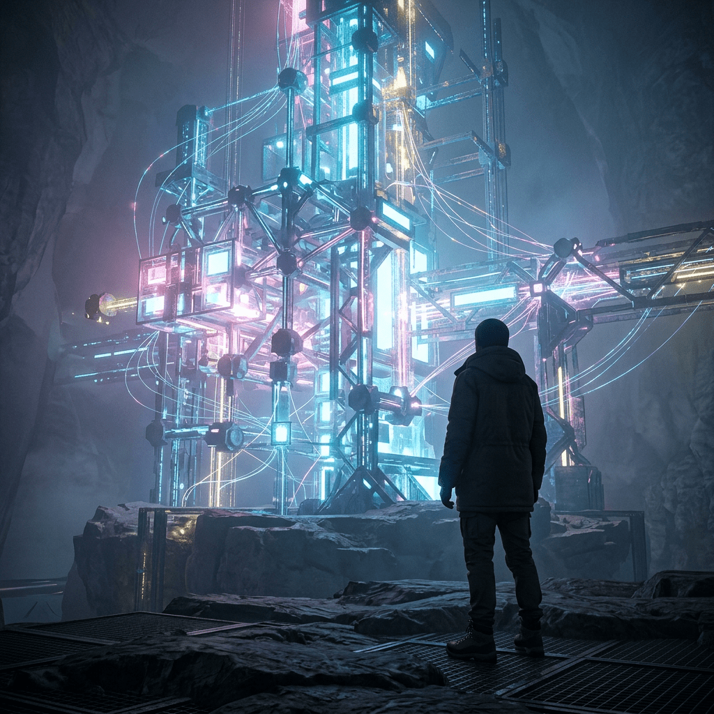 Explorer facing a glowing futuristic structure inside an underground cavern