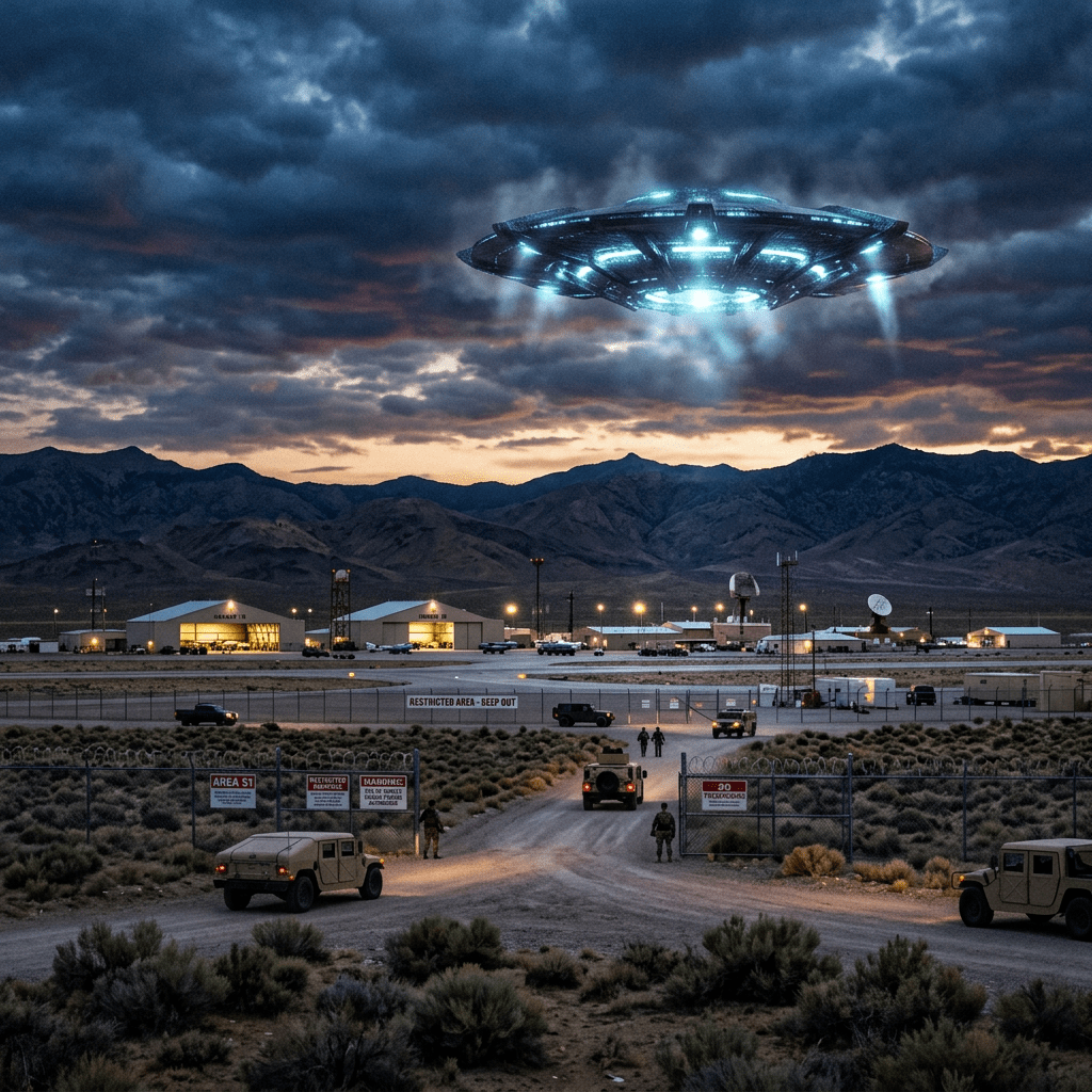 Glowing flying saucer hovering above a guarded desert facility