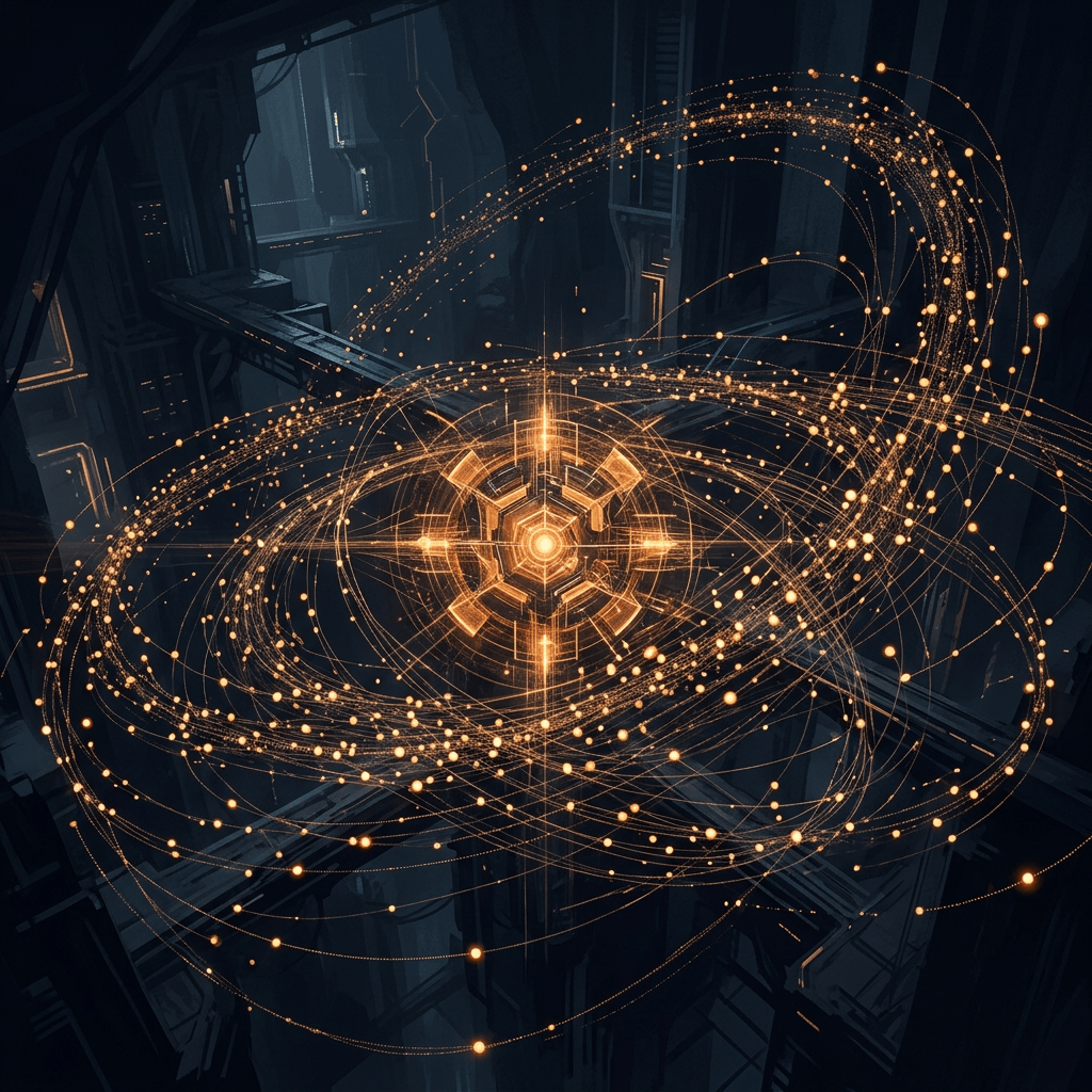 Glowing orange data paths orbit a central geometric core in a dark futuristic structure