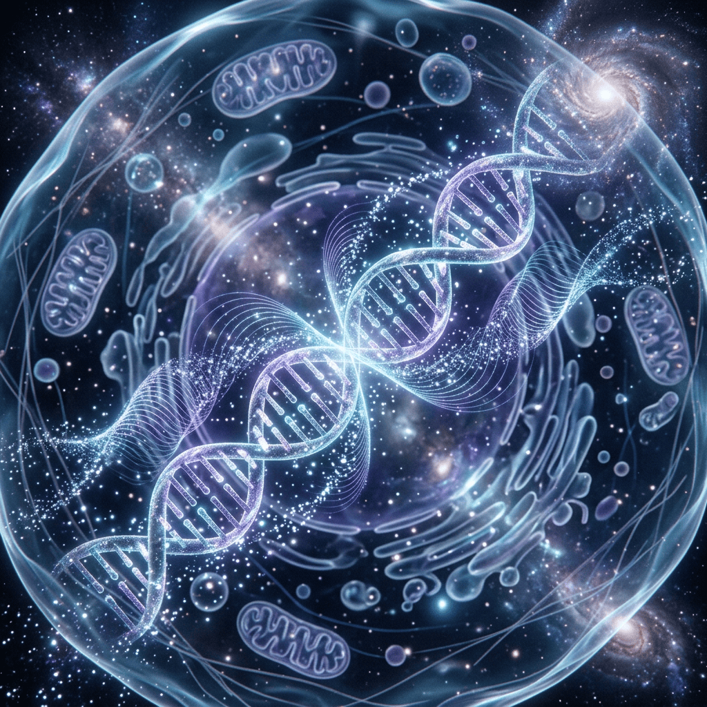 Glowing DNA helix inside a stylized cell against a starry cosmos